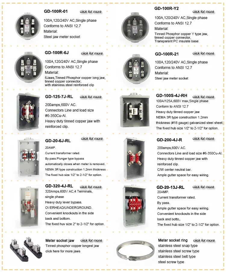 125A 4jaw 5jaw Single-Phase Ringless Type Square Meter Socket Electrical Meter Enclosure Meter Base